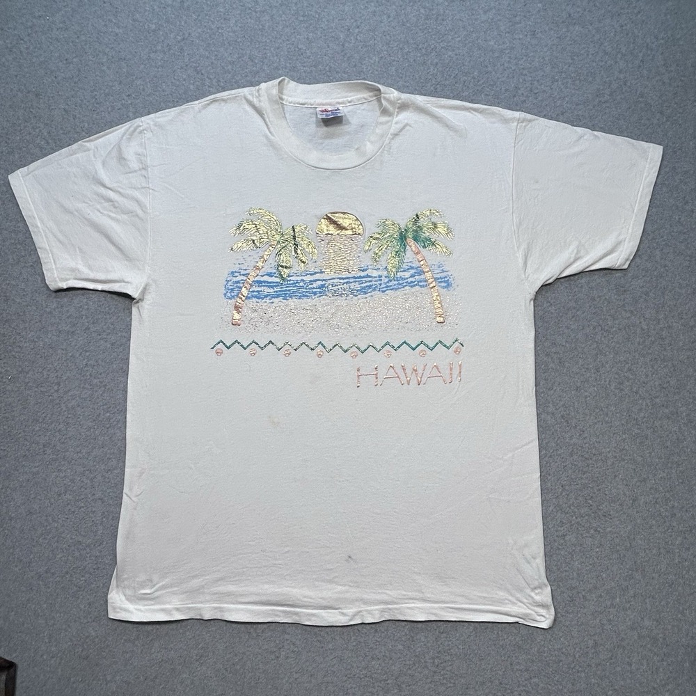 Hawaii Souvenir TShirt Sz XL Mens White 90s Retro Beach Puff Print Glitter Shirt